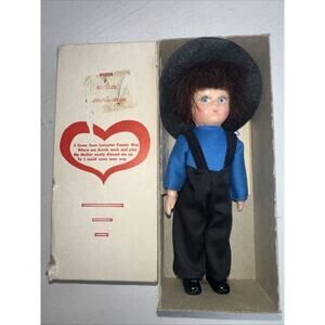 Vintage Amish Boy 5 Inches Tall Small Size Dressed Blue And Black original box